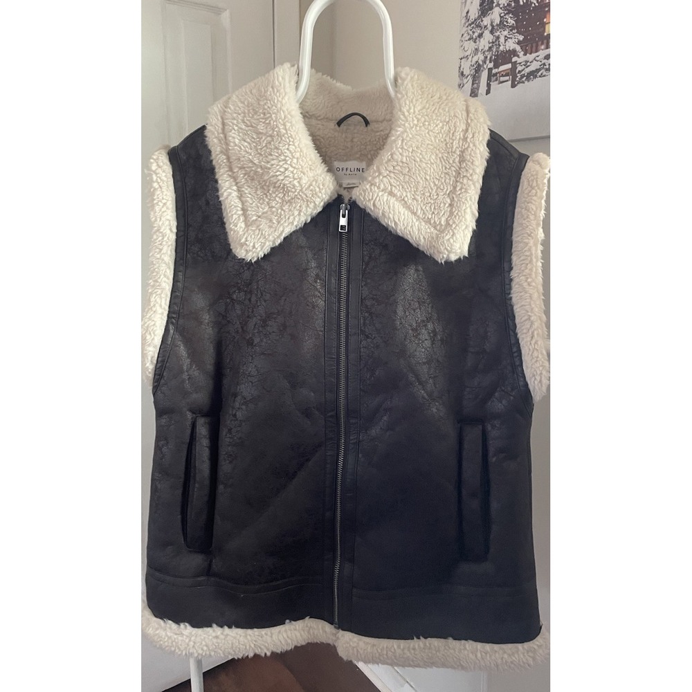 NWT Offline by Aerie Faux Leather Sherpa Vest - Brown SZ Med W/Pockets Zip Close